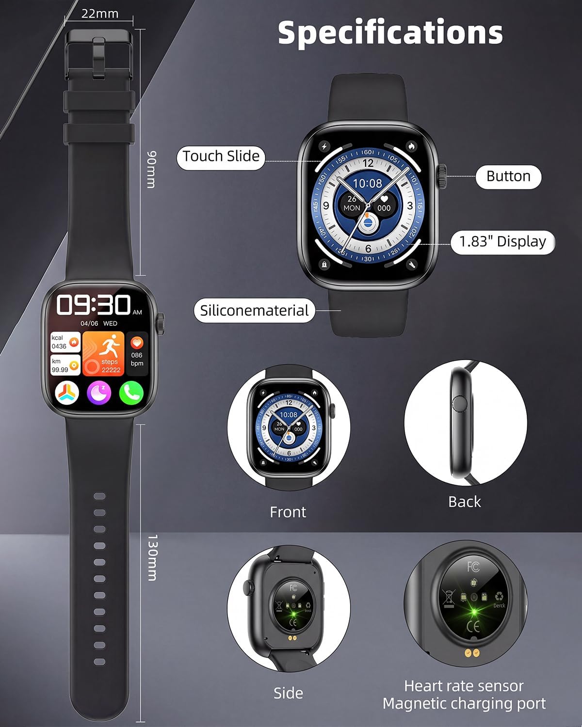Smart Watch for Women Men, Fitness and Sleep Trackers with 1.83" HD Touchscreen, Bluetooth Calling Smartwatch for Android/iOS, IP67 Waterproof Multi-Sport Modes Pedometer, Jet Black - Image 9