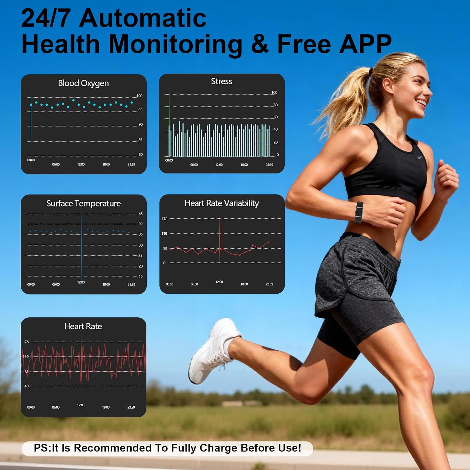 Smart Bracelet Fitness Trackers for Men Women, Smart Watch 24/7 Heart Rate Sleep Stress HRV Monitor, 170+ Sports Modes, 2 Bands, Free APP - Image 2
